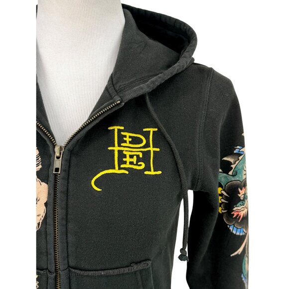 Vtg Y2K Ed Hardy Black Dragon Geisha Graphic Zip Up Hoodie | Grunge Streetwear S - Picture 3 of 13
